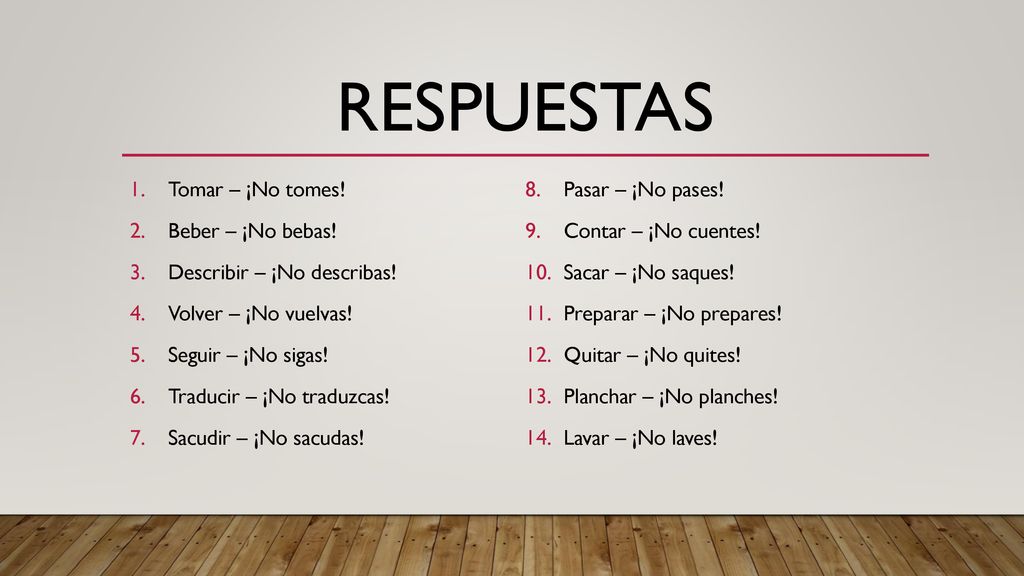 Respuestas Tomar – ¡No tomes! Pasar – ¡No pases! Beber – ¡No bebas!
