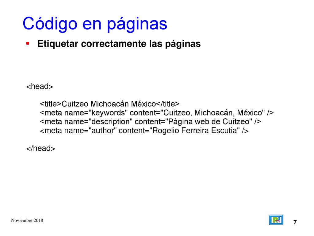 Código en páginas Etiquetar correctamente las páginas <head>