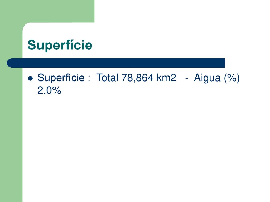 Superfície Superfície : Total 78,864 km2 - Aigua (%) 2,0%