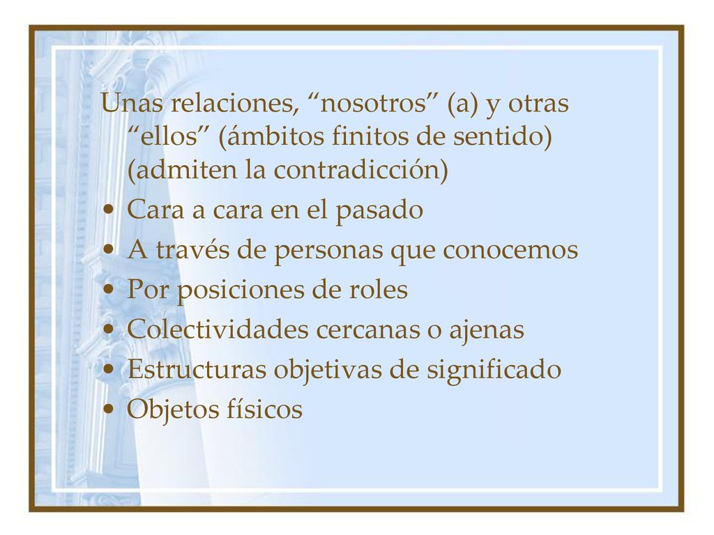 Unas relaciones, nosotros (a) y otras ellos (ámbitos finitos de sentido) (admiten la contradicción)
