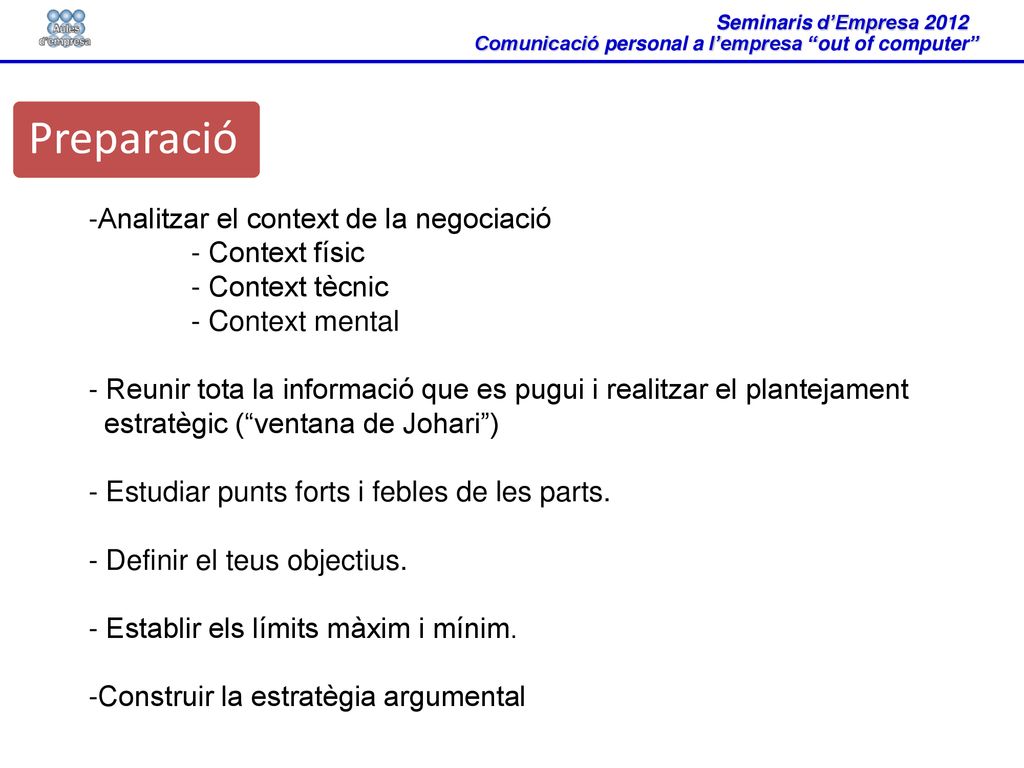Preparació Analitzar el context de la negociació - Context físic