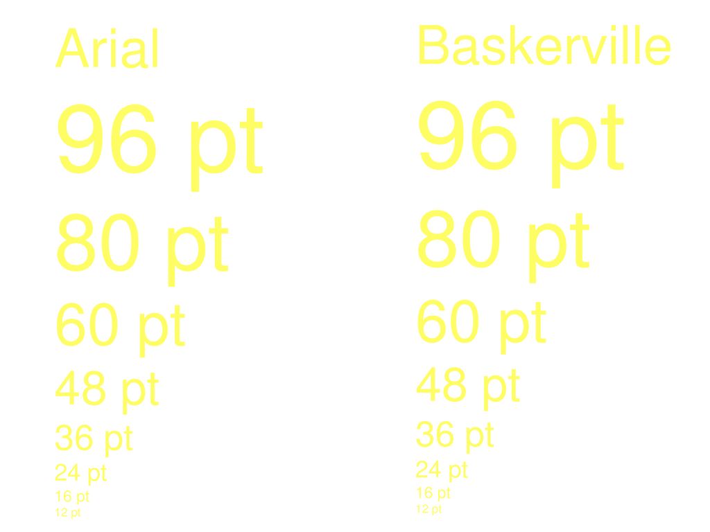 96 pt 96 pt 80 pt 80 pt 60 pt 60 pt Baskerville Arial 48 pt 48 pt
