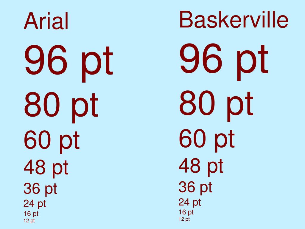 96 pt 96 pt 80 pt 80 pt 60 pt 60 pt Baskerville Arial 48 pt 48 pt