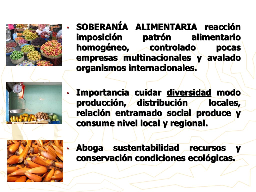 SOBERANÍA ALIMENTARIA reacción imposición patrón alimentario homogéneo, controlado pocas empresas multinacionales y avalado organismos internacionales.
