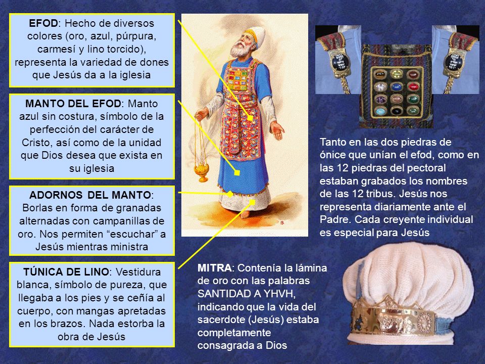 EFOD: Hecho de diversos colores (oro, azul, púrpura, carmesí y lino torcido), representa la variedad de dones que Jesús da a la iglesia