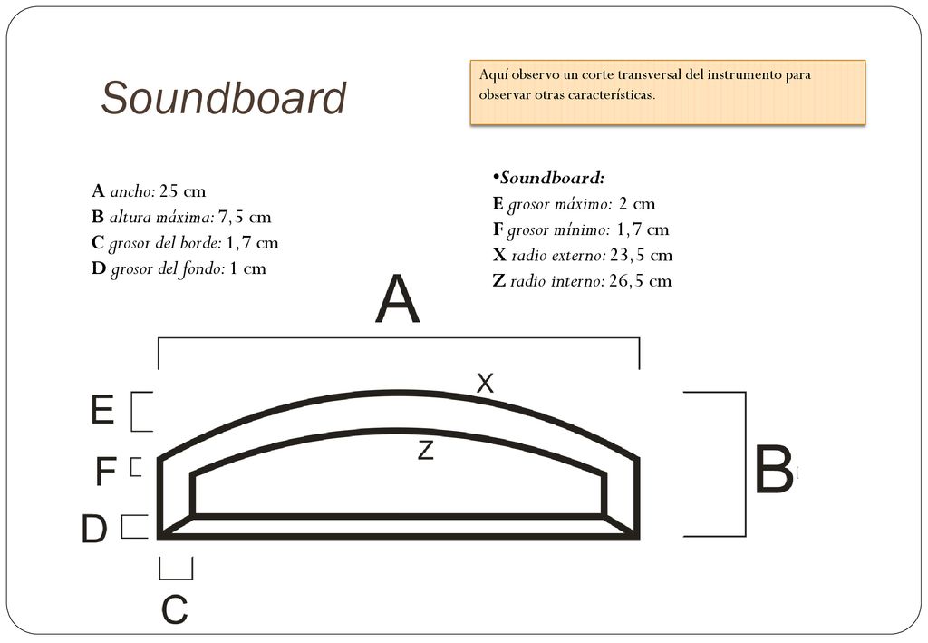 Soundboard Soundboard: E grosor máximo: 2 cm F grosor mínimo: 1,7 cm
