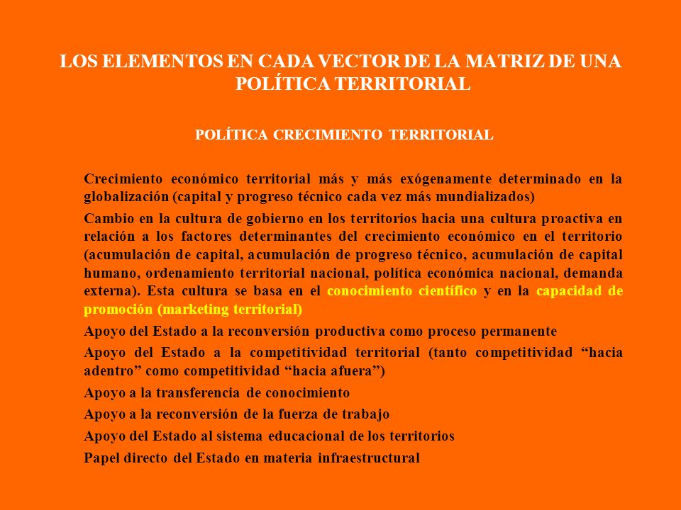 LOS ELEMENTOS EN CADA VECTOR DE LA MATRIZ DE UNA POLÍTICA TERRITORIAL