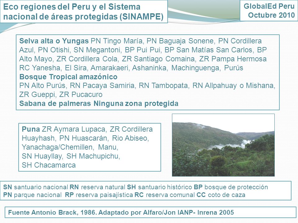 Eco regiones del Peru y el Sistema nacional de áreas protegidas (SINAMPE)