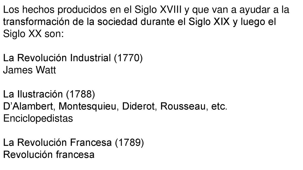 Los hechos producidos en el Siglo XVIII y que van a ayudar a la transformación de la sociedad durante el Siglo XIX y luego el Siglo XX son: