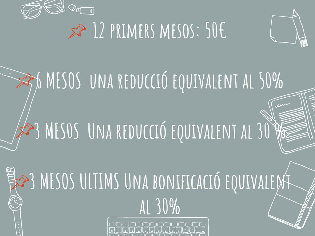 12 primers mesos: 50€ 6 MESOS una reducció equivalent al 50% 3 MES0S Una reducció equivalent al 30 % 3 MESOS ULTIMS Una bonificació equivalent al 30%