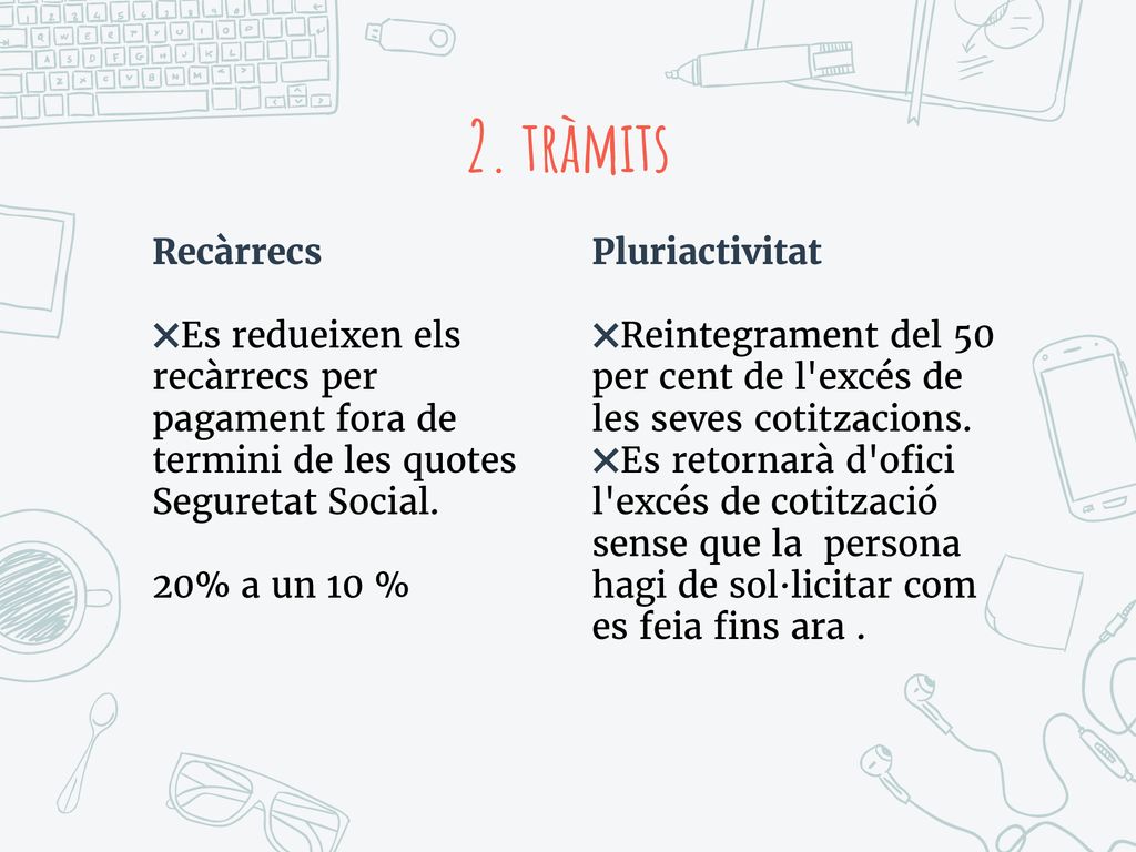2. tràmits Recàrrecs. Es redueixen els recàrrecs per pagament fora de termini de les quotes Seguretat Social.