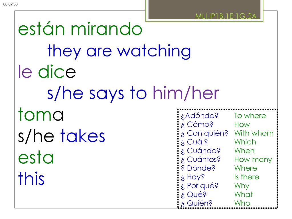 están mirando they are watching le dice s/he says to him/her toma