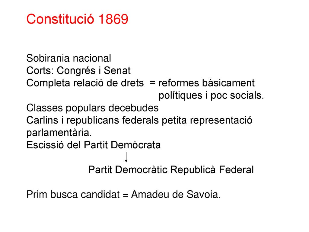 Constitució 1869 Constitució 1869 Sobirania nacional Corts: Congrés i Senat Completa relació de drets = reformes bàsicament polítiques i poc socials.