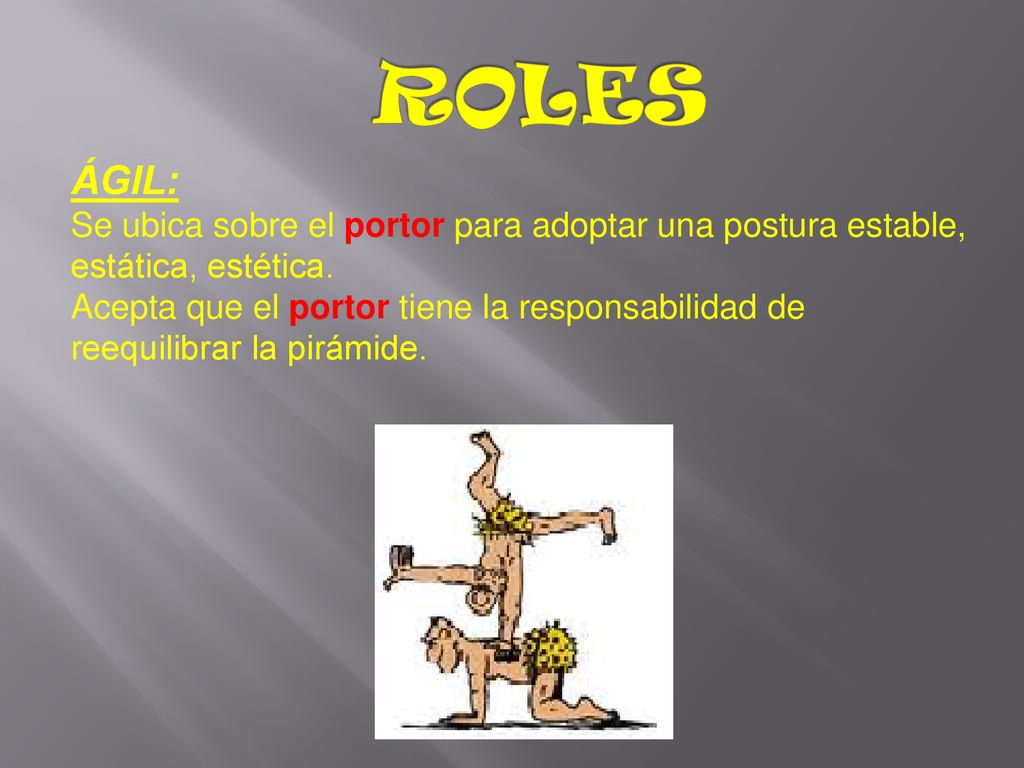 ROLES ÁGIL: Se ubica sobre el portor para adoptar una postura estable, estática, estética.