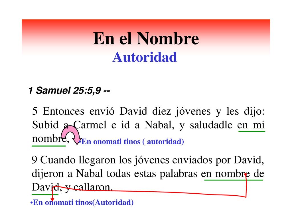 En el Nombre Autoridad. 1 Samuel 25:5, Entonces envió David diez jóvenes y les dijo: Subid a Carmel e id a Nabal, y saludadle en mi nombre,