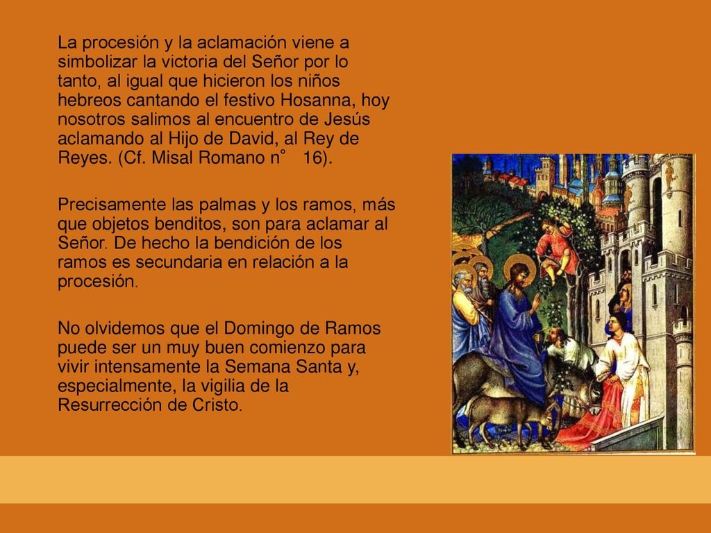 La procesión y la aclamación viene a simbolizar la victoria del Señor por lo tanto, al igual que hicieron los niños hebreos cantando el festivo Hosanna, hoy nosotros salimos al encuentro de Jesús aclamando al Hijo de David, al Rey de Reyes. (Cf. Misal Romano n° 16).