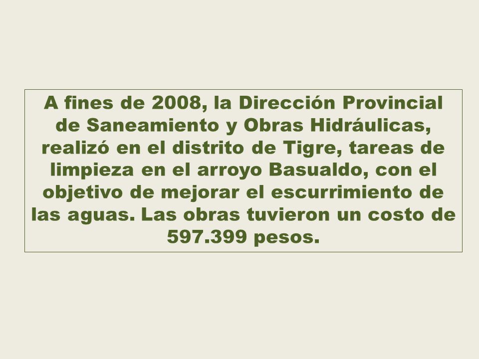 A fines de 2008, la Dirección Provincial de Saneamiento y Obras Hidráulicas, realizó en el distrito de Tigre, tareas de limpieza en el arroyo Basualdo, con el objetivo de mejorar el escurrimiento de las aguas.