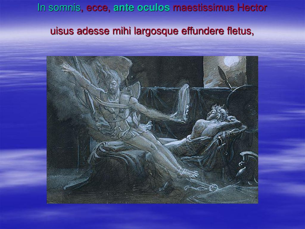 In somnis, ecce, ante oculos maestissimus Hector uisus adesse mihi largosque effundere fletus,