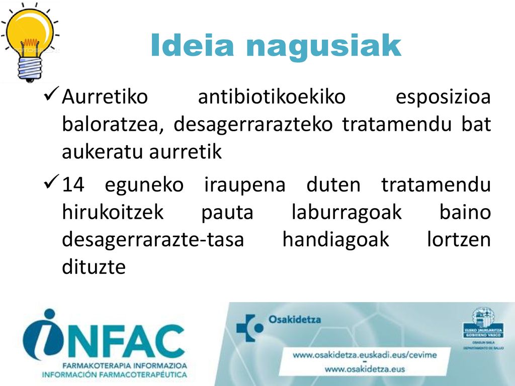 Ideia nagusiak Aurretiko antibiotikoekiko esposizioa baloratzea, desagerrarazteko tratamendu bat aukeratu aurretik.