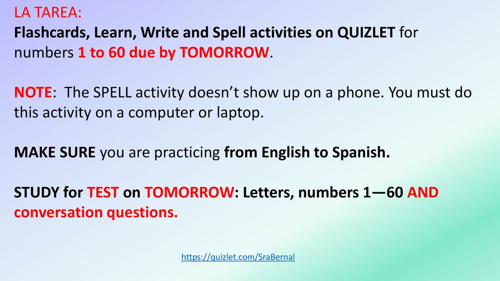 Flashcards, Learn, Write and Spell activities on QUIZLET for