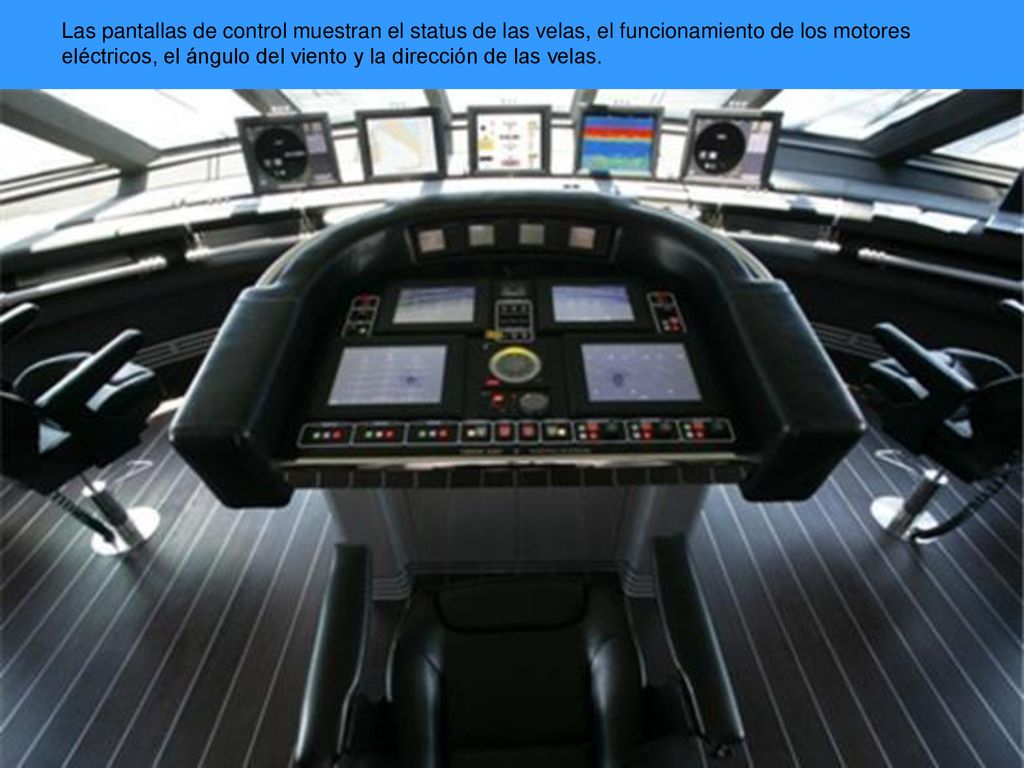 Las pantallas de control muestran el status de las velas, el funcionamiento de los motores eléctricos, el ángulo del viento y la dirección de las velas.