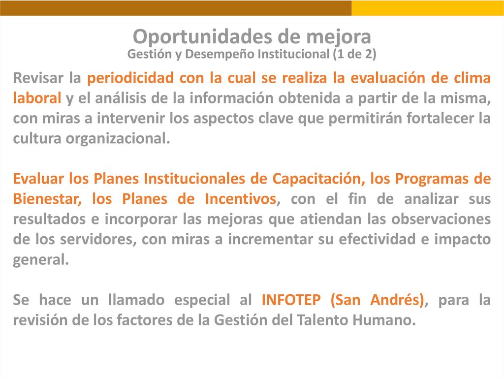 Oportunidades de mejora Gestión y Desempeño Institucional (1 de 2)