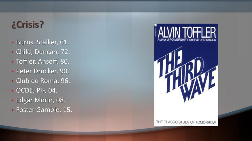 ¿Crisis Burns, Stalker, 61. Child, Duncan, 72. Toffler, Ansoff, 80.