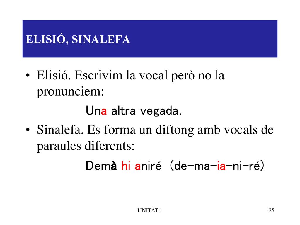 Elisió. Escrivim la vocal però no la pronunciem: Una altra vegada.