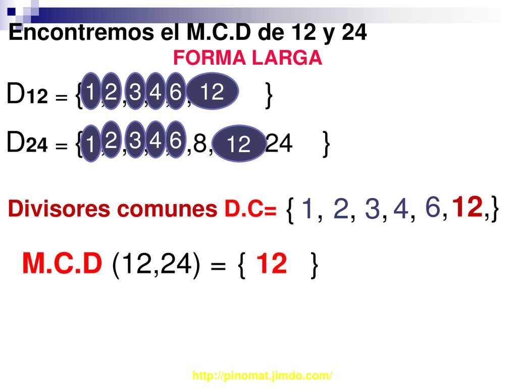 Encontremos el M.C.D de 12 y 24 FORMA LARGA. D12 = { 1,2,3,4,6,12 }