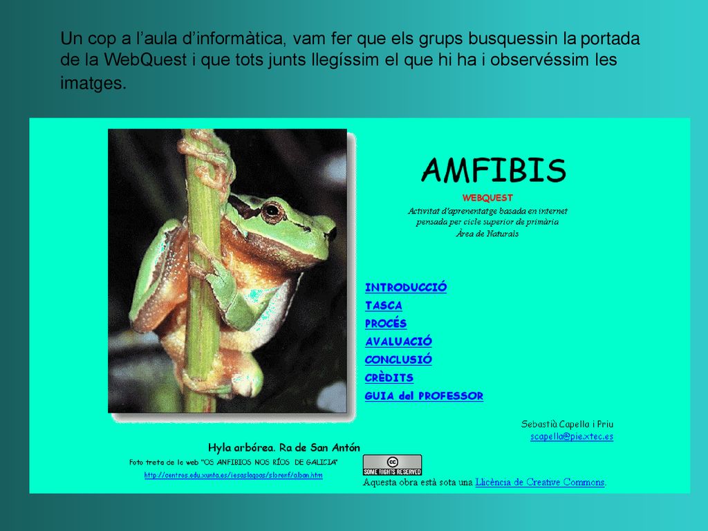 1. Un cop a l’aula d’informàtica, vam fer que els grups busquessin la portada de la WebQuest i que tots junts llegíssim el que hi ha i observéssim les imatges.