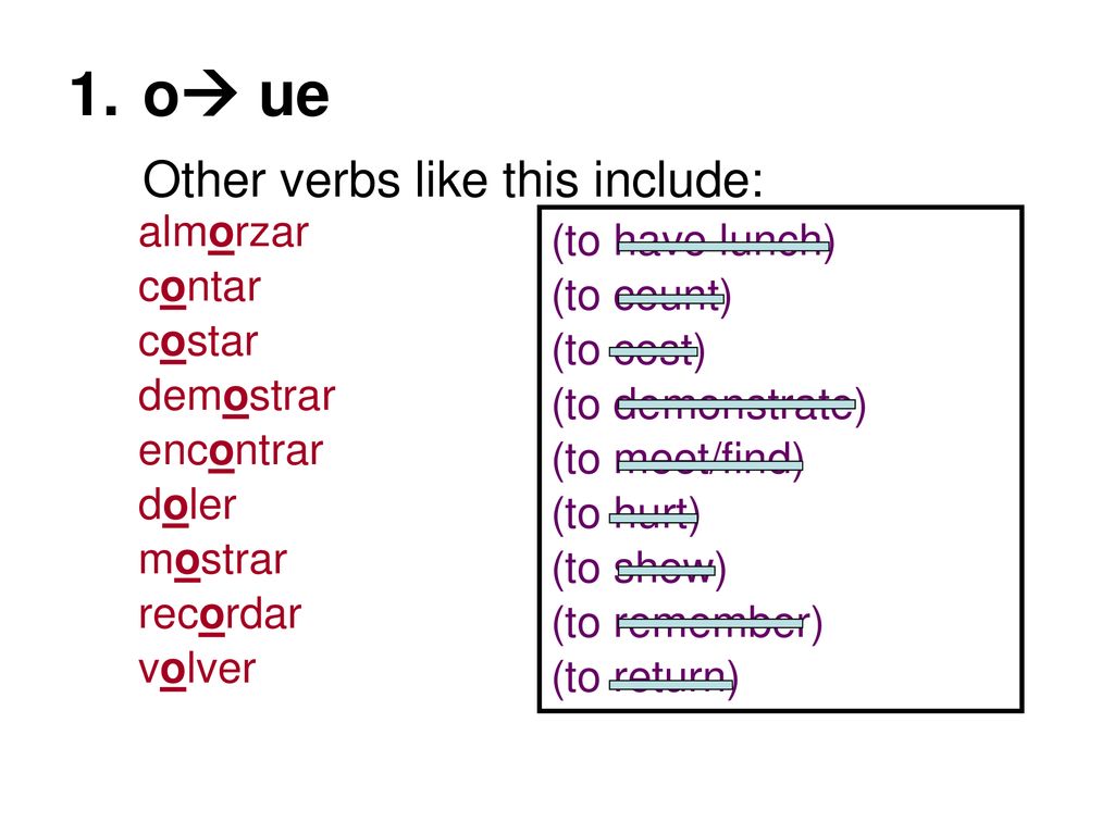 1. o ue Other verbs like this include: almorzar (to have lunch)