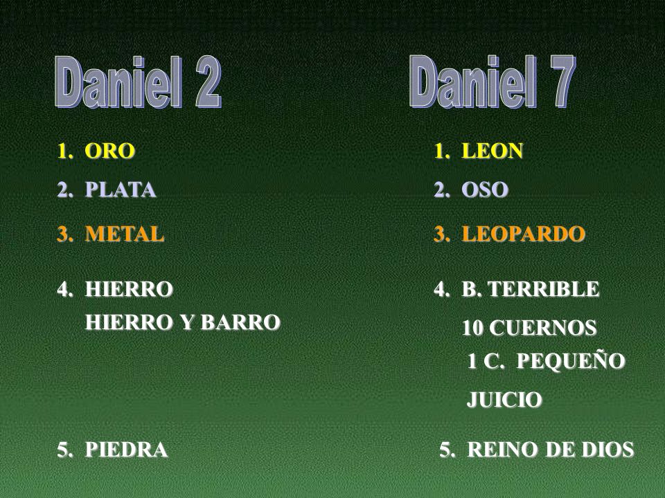 Daniel 2 Daniel 7 1. ORO 1. LEON 2. PLATA 2. OSO 3. METAL 3. LEOPARDO
