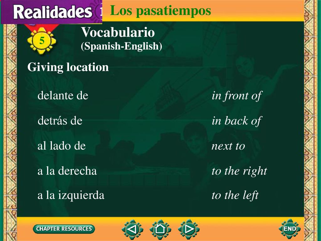Los pasatiempos Vocabulario Giving location delante de in front of