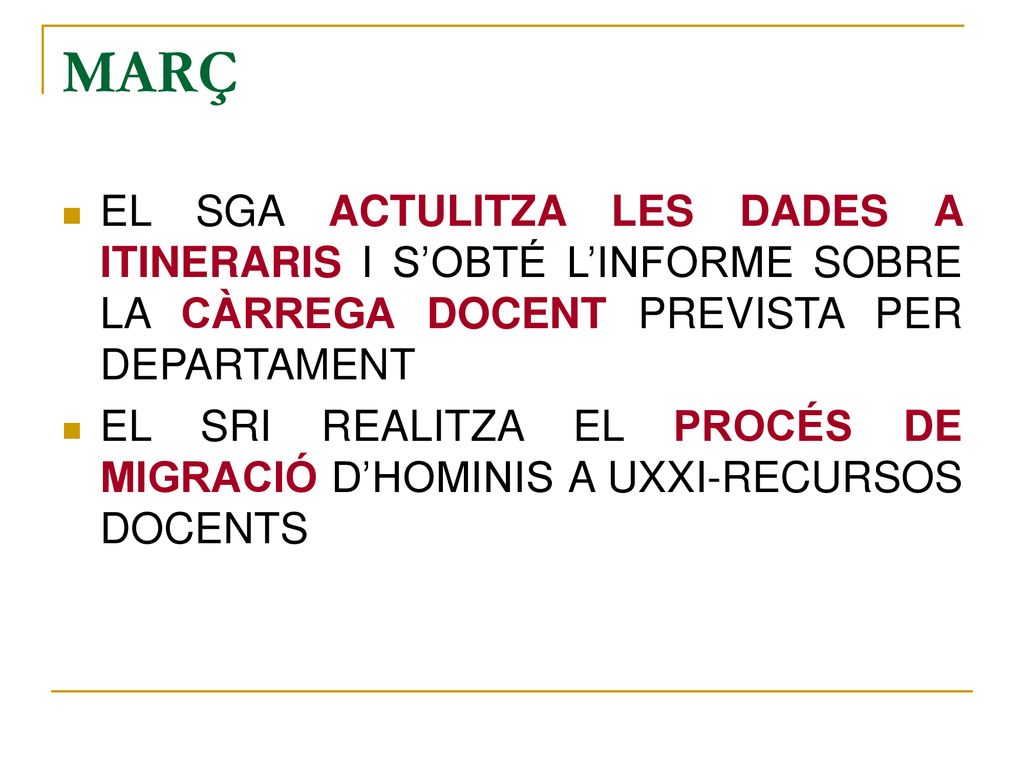 MARÇ EL SGA ACTULITZA LES DADES A ITINERARIS I S’OBTÉ L’INFORME SOBRE LA CÀRREGA DOCENT PREVISTA PER DEPARTAMENT.