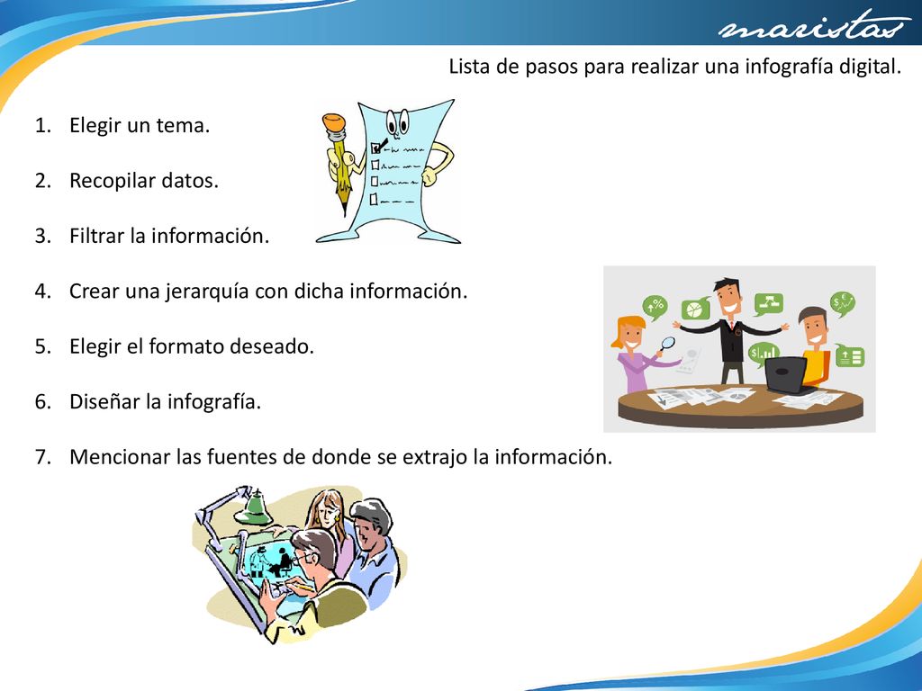 Lista de pasos para realizar una infografía digital.