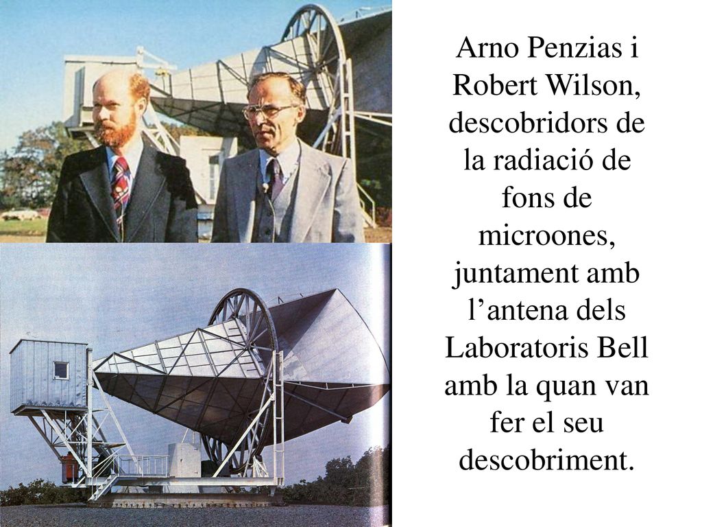 Arno Penzias i Robert Wilson, descobridors de la radiació de fons de microones, juntament amb l’antena dels Laboratoris Bell amb la quan van fer el seu descobriment.