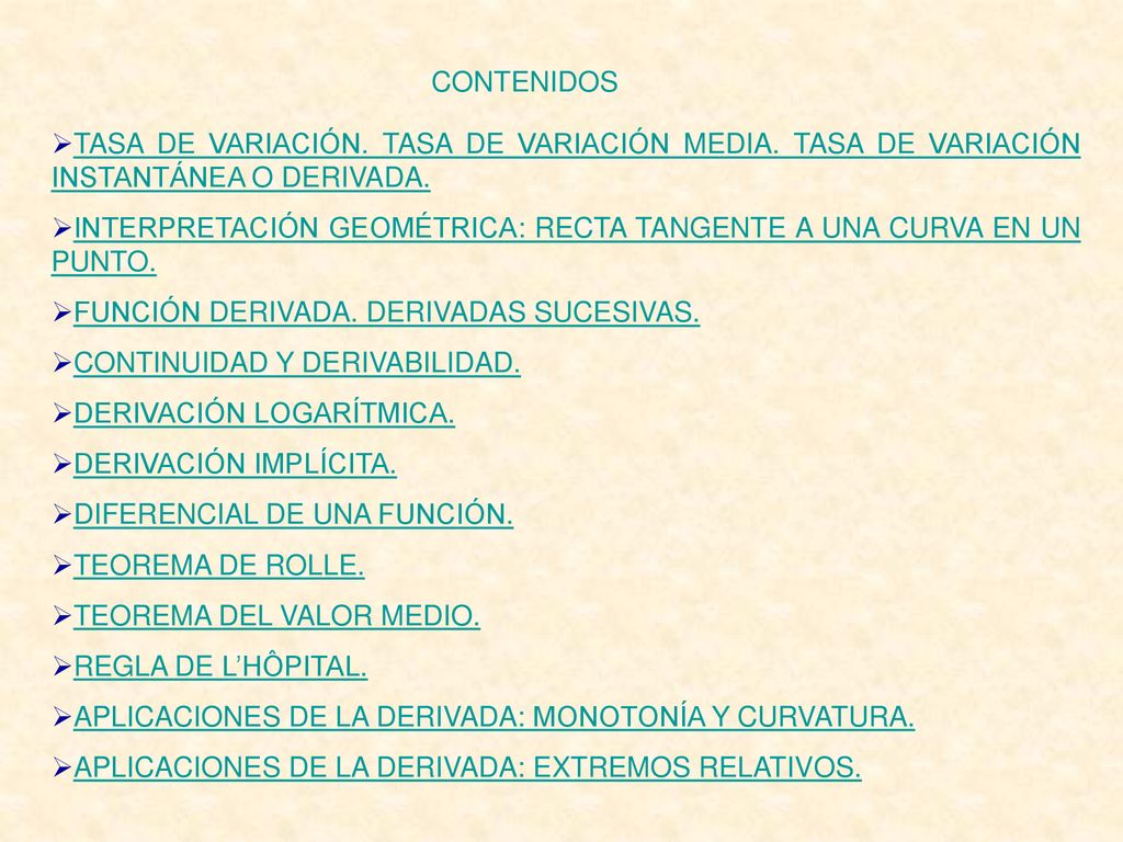 CONTENIDOS TASA DE VARIACIÓN. TASA DE VARIACIÓN MEDIA. TASA DE VARIACIÓN INSTANTÁNEA O DERIVADA.