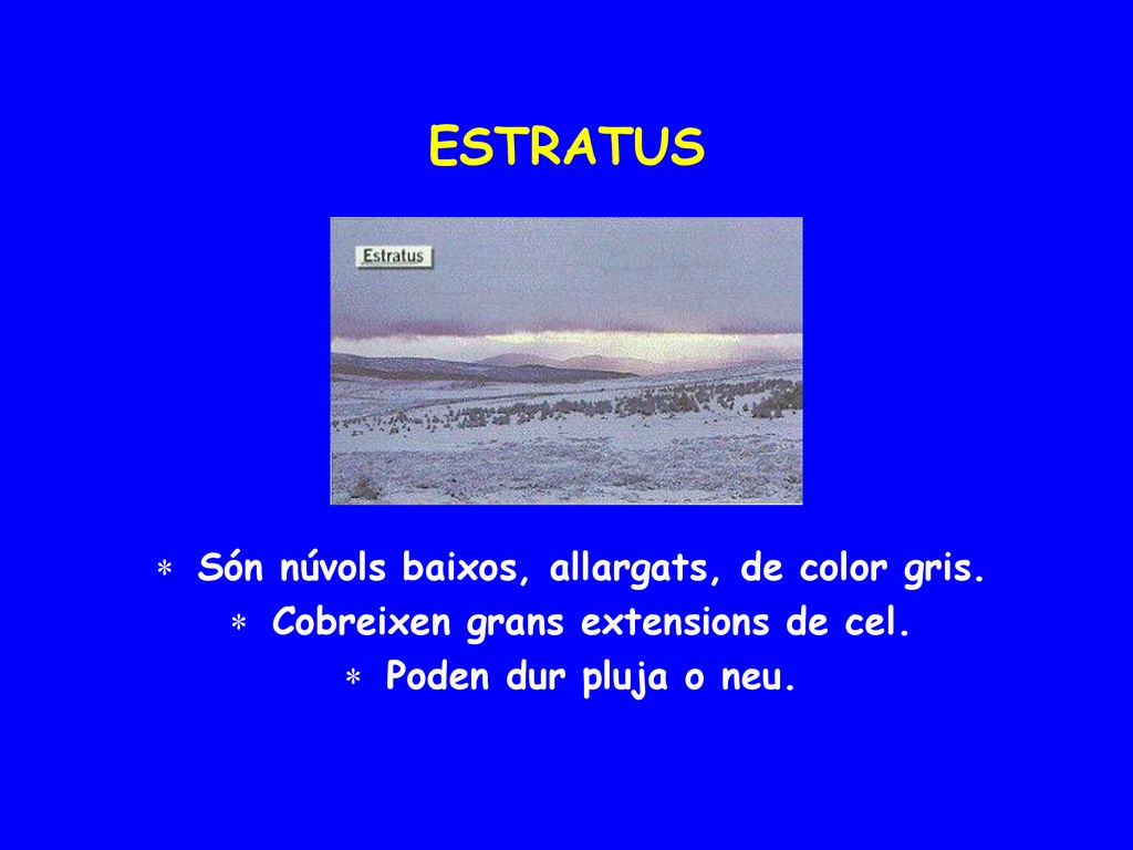 ESTRATUS Són núvols baixos, allargats, de color gris.