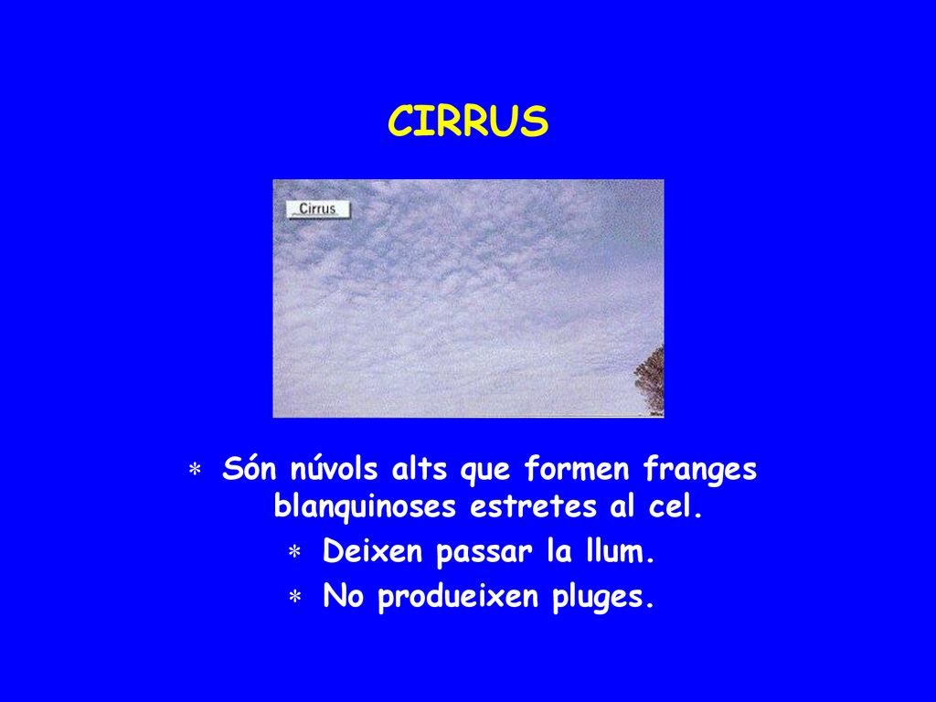 Són núvols alts que formen franges blanquinoses estretes al cel.