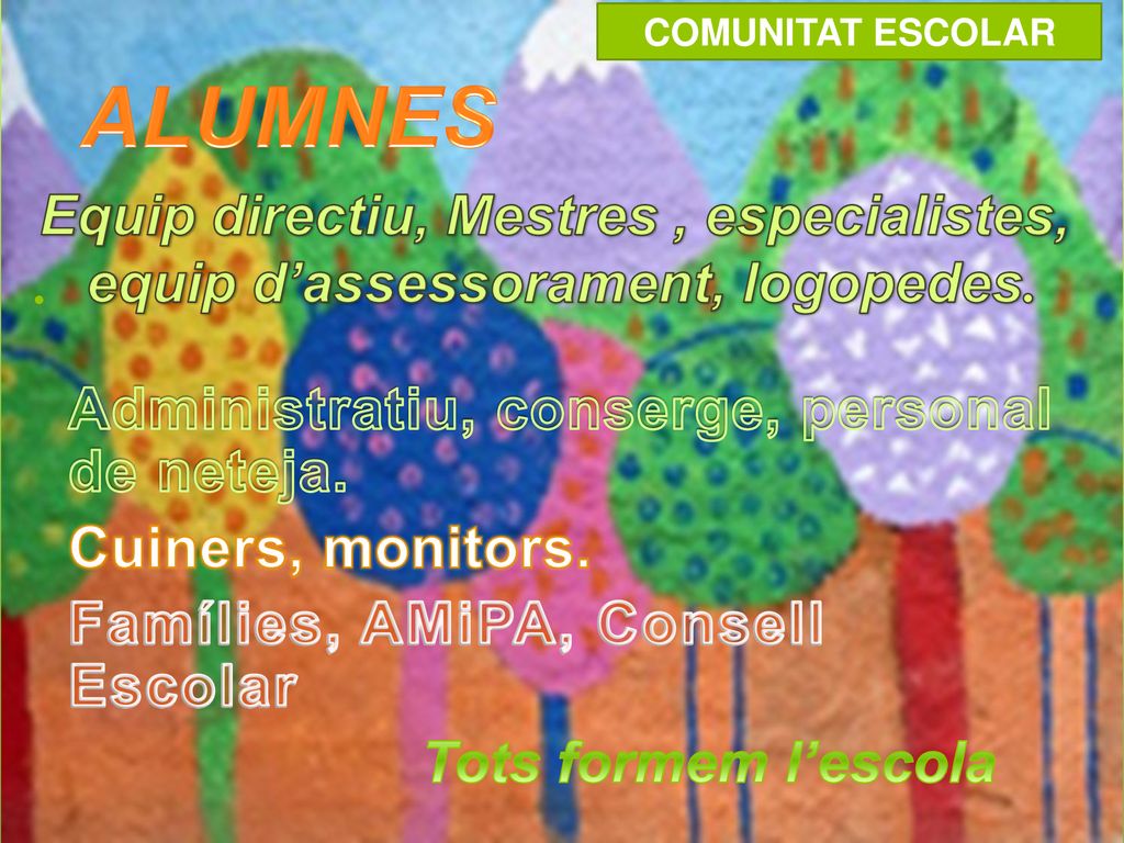 COMUNITAT ESCOLAR ALUMNES. . Equip directiu, Mestres , especialistes, equip d’assessorament, logopedes.
