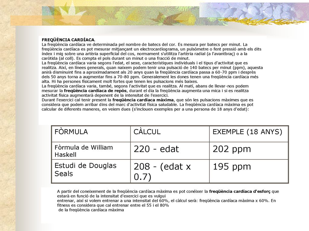 220 - edat 202 ppm (edat x 0.7) 195 ppm FÒRMULA CÀLCUL
