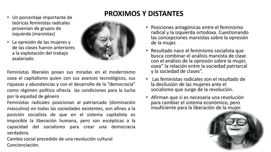 PROXIMOS Y DISTANTES Un porcentaje importante de teóricas feministas radicales provenían de grupos de izquierda (marxistas)