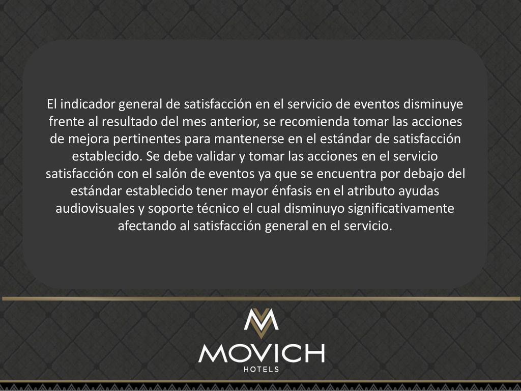 El indicador general de satisfacción en el servicio de eventos disminuye frente al resultado del mes anterior, se recomienda tomar las acciones de mejora pertinentes para mantenerse en el estándar de satisfacción establecido.