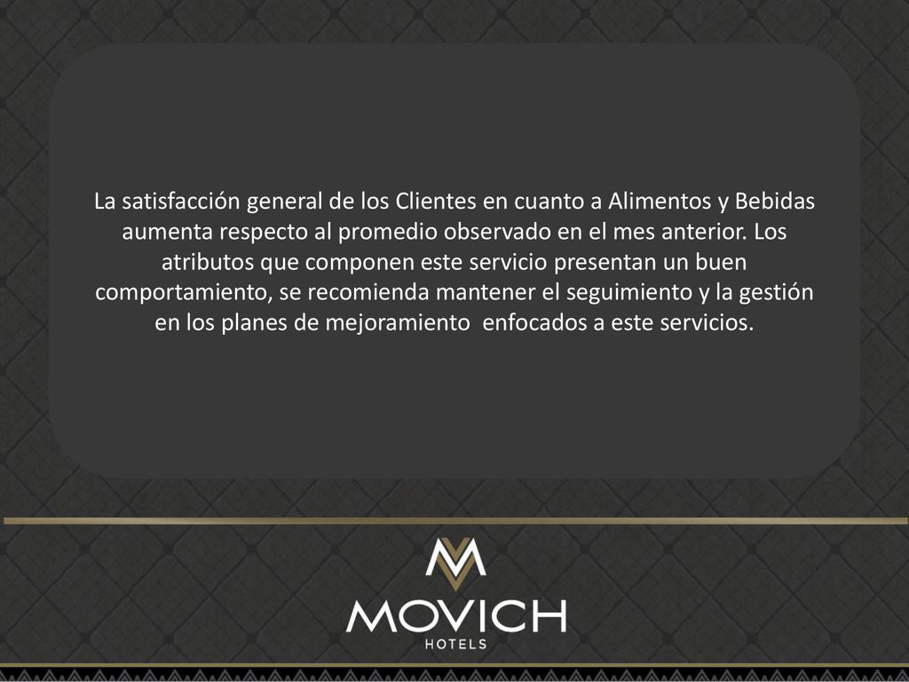 La satisfacción general de los Clientes en cuanto a Alimentos y Bebidas aumenta respecto al promedio observado en el mes anterior.