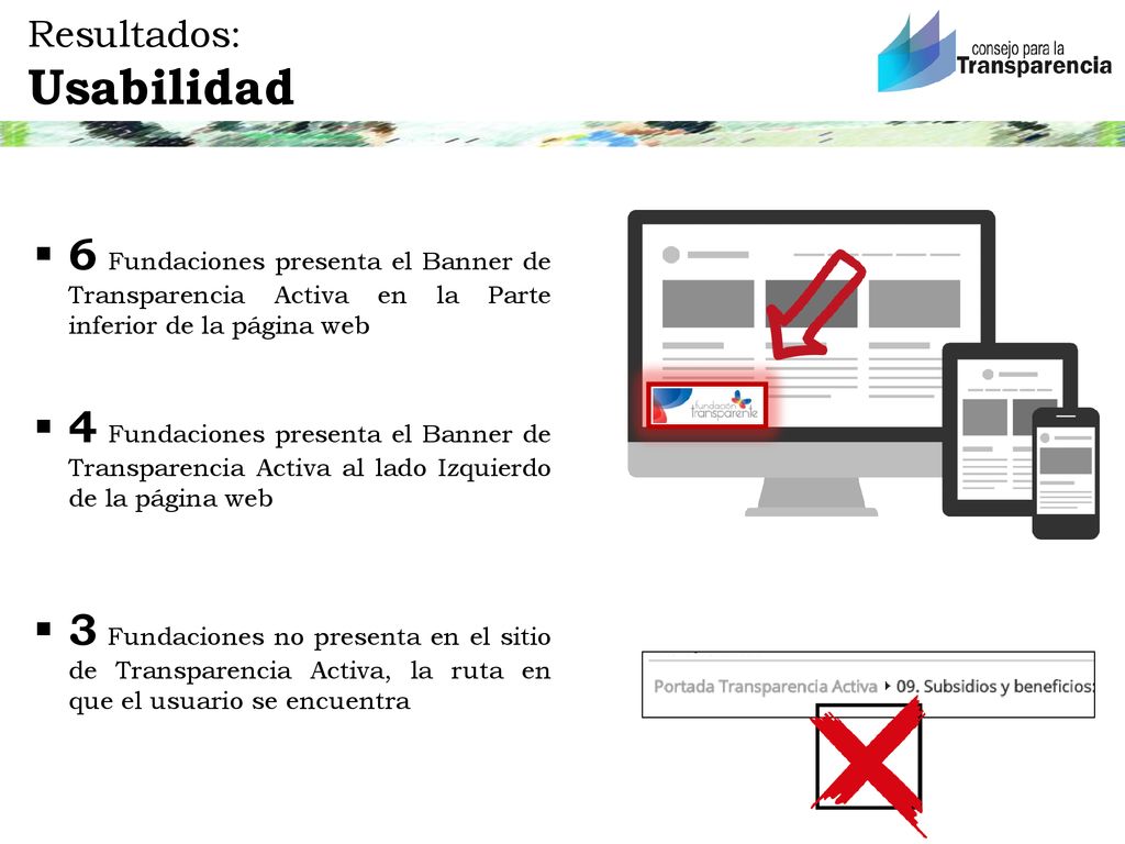 Resultados: Usabilidad. 6 Fundaciones presenta el Banner de Transparencia Activa en la Parte inferior de la página web.