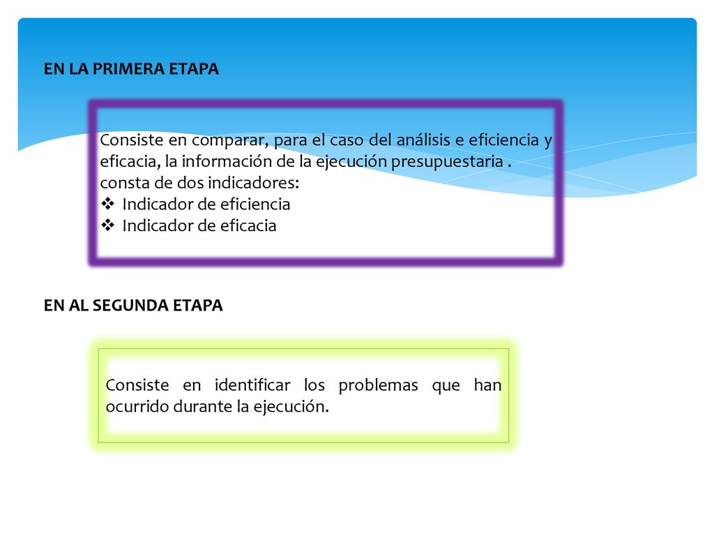 EN LA PRIMERA ETAPA Consiste en comparar, para el caso del análisis e eficiencia y eficacia, la información de la ejecución presupuestaria .