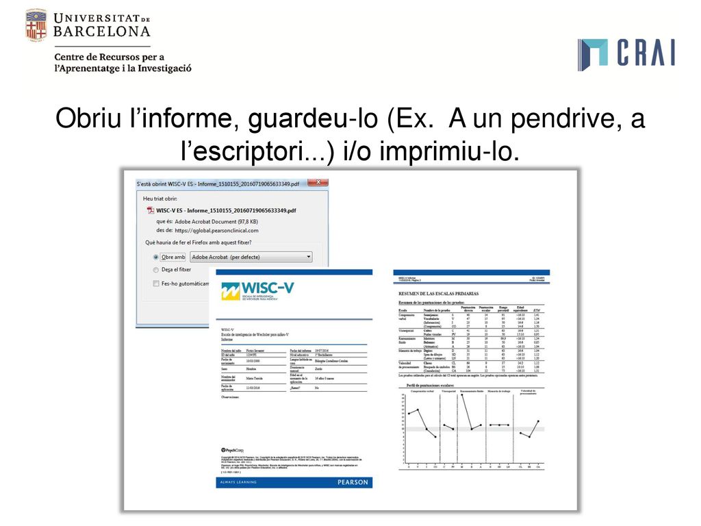 Obriu l’informe, guardeu-lo (Ex. A un pendrive, a l’escriptori