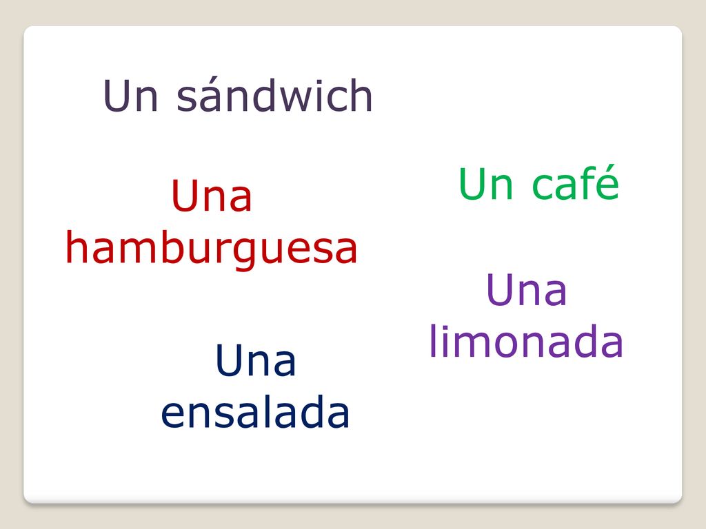 Un sándwich Un café Una hamburguesa Una limonada Una ensalada
