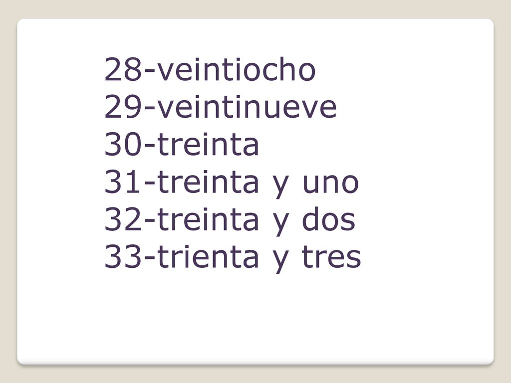 28-veintiocho 29-veintinueve 30-treinta 31-treinta y uno 32-treinta y dos 33-trienta y tres
