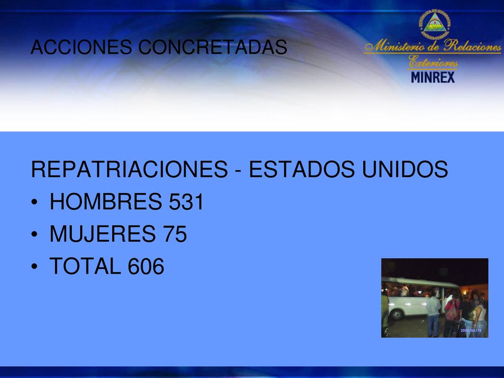 REPATRIACIONES - ESTADOS UNIDOS HOMBRES 531 MUJERES 75 TOTAL 606